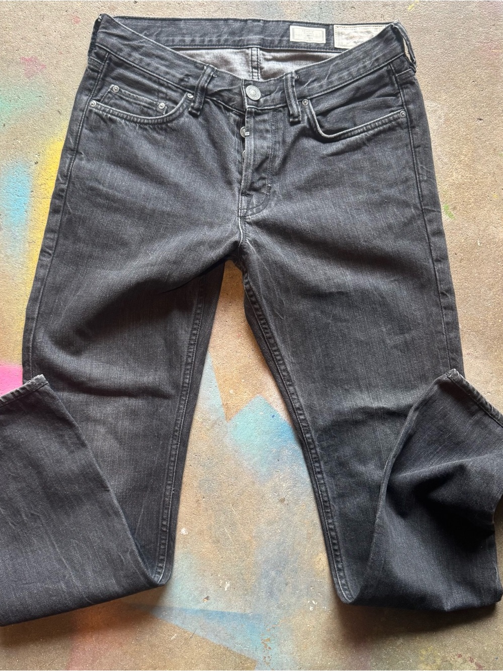 These are AllSaints Iggy slim fit jeans in a gray wash with a size 30 waist.